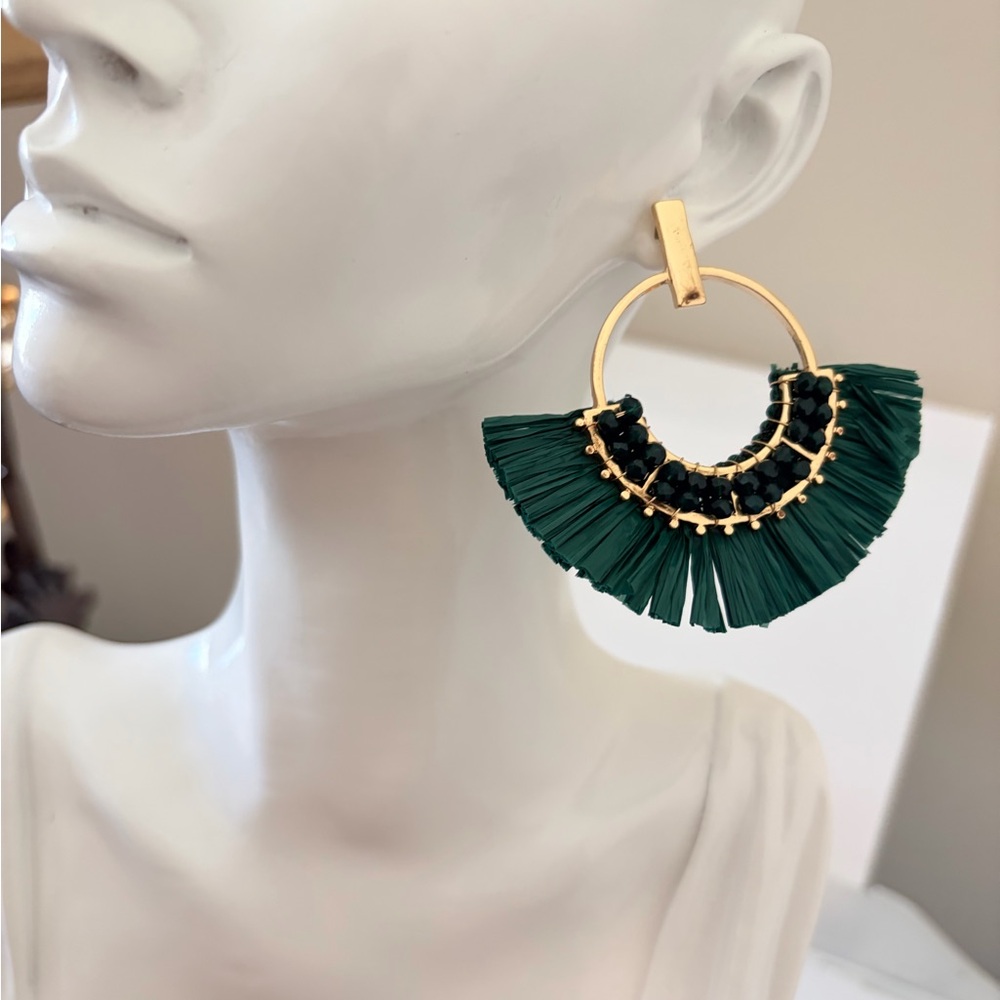 Gold Hoop Fan Tassel Earrings in Deep Green - Women Jewelry